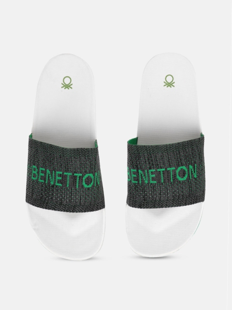 

United Colors of Benetton Men Charcoal Grey & Green Woven Design Sliders