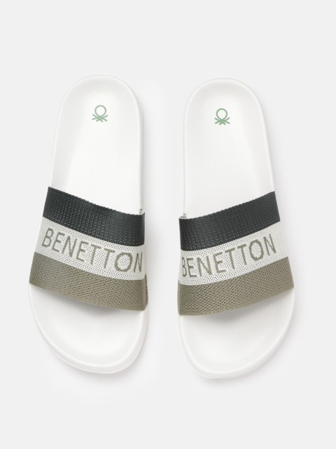 

United Colors of Benetton Men Olive Green & White Striped Sliders
