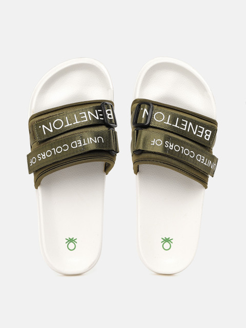 

United Colors of Benetton Men Olive Green & White Printed Sliders