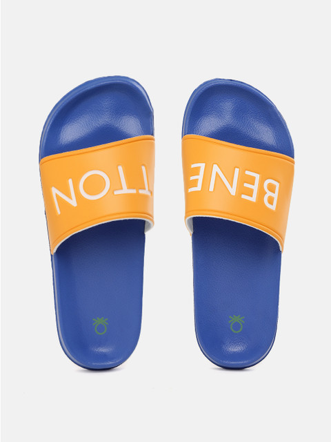 

United Colors of Benetton Men Mustard Yellow & Blue Printed Sliders