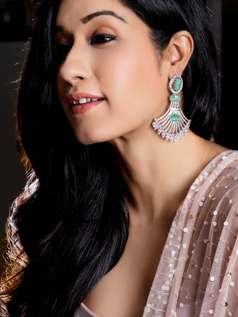 

Rubans Silver-Plated Green Handcrafted Contemporary Drop Earrings