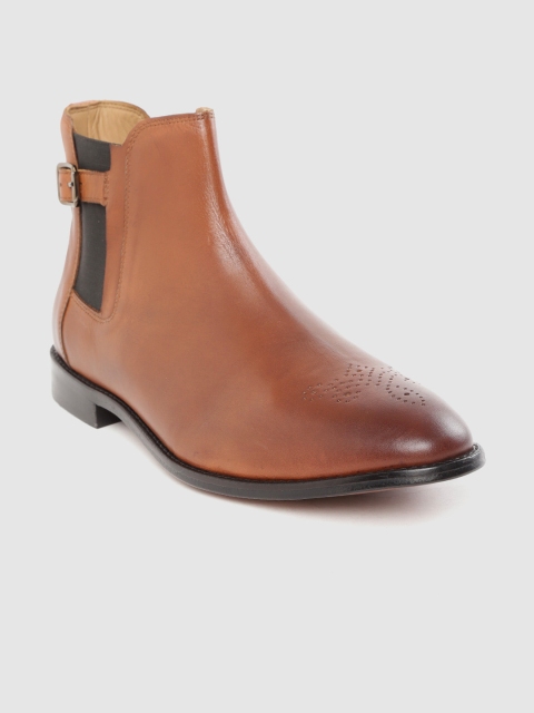

Louis Philippe Men Brown Solid Leather Mid-Top Flat Boots with Perforated Detail