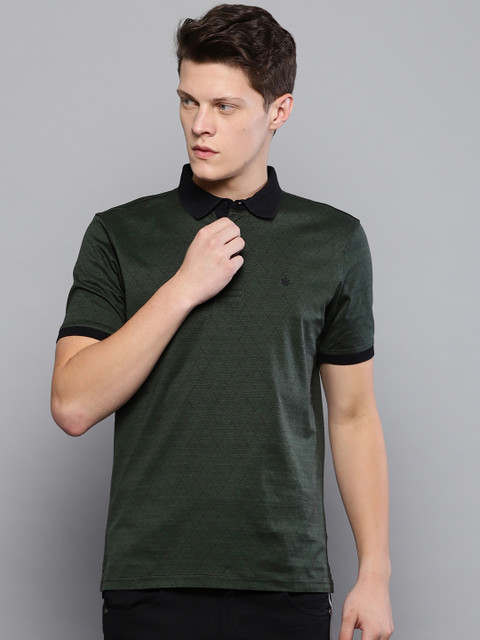

Louis Philippe Men Olive Green Self Design Polo Collar T-shirt