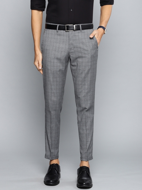 

Louis Philippe Men Grey & Black Comfy Tapered Fit Self Checked Cropped Formal Trousers