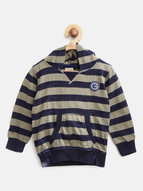 

Little Kangaroos Boys Olive Green & Navy Blue Striped Hooded Sweatshirt