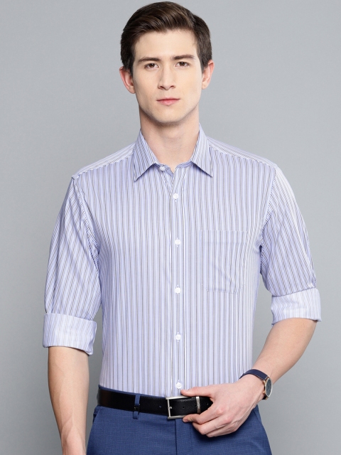 Louis Philippe Men White & Blue Slim Fit Striped Formal Shirt