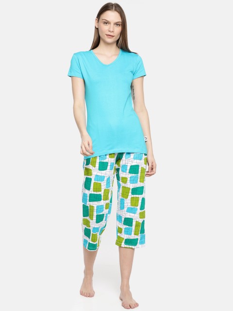 

zebu Women Turquoise Blue & White Solid Night Suit