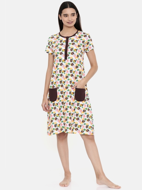 

zebu Women White & Brown Printed Nightdress
