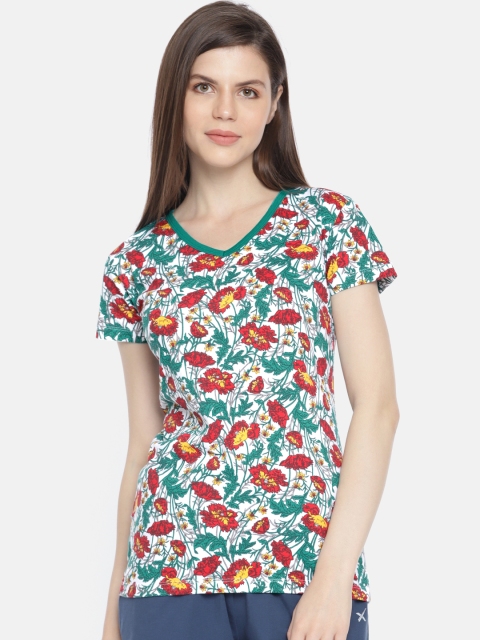 

zebu Women Green & White Printed V-Neck T-shirt