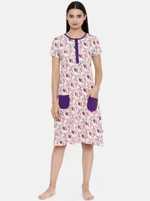 

zebu Women White & Purple Floral Print Pure Cotton Sleep Shirt