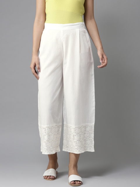 

Moda Rapido Women White Hem Design Straight Palazzos