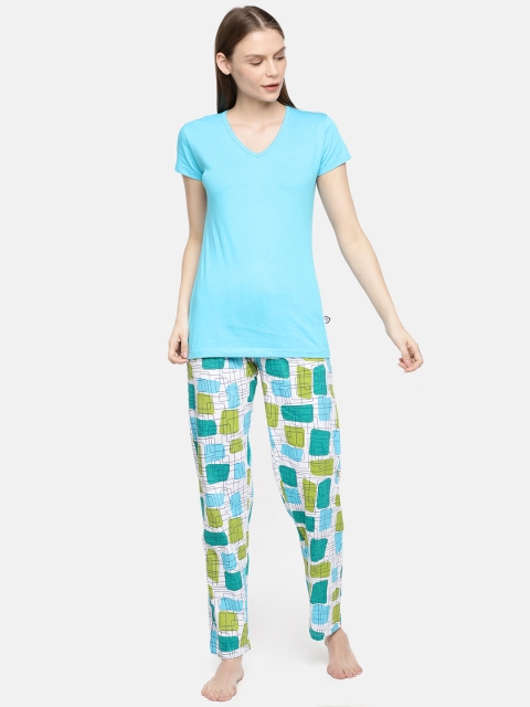 

zebu Women Turquoise Blue & White Printed Night Suit