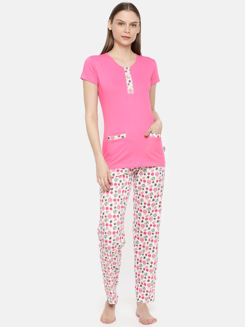 

zebu Women Pink & White Solid Night suit