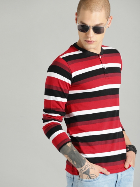 

Roadster Men Red & Black Striped Henley Neck T-shirt