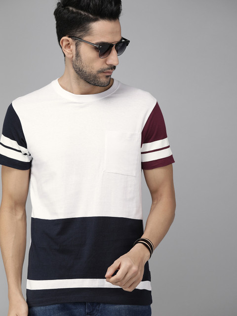 

The Roadster Lifestyle Co Men White Navy Blue Colourblocked Round Neck Pure Cotton T-shirt