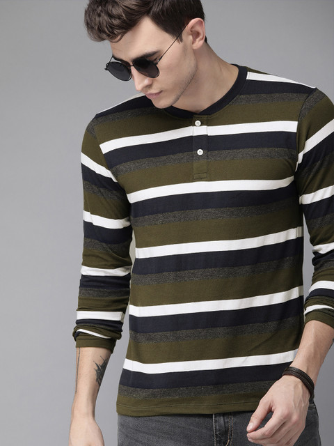 

Roadster Men Olive Green Striped Henley Neck T-shirt