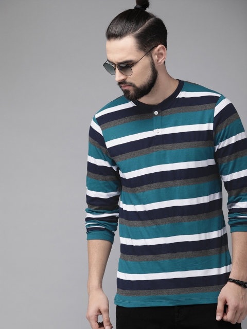 

Roadster Men Teal Blue and White Striped Henley Neck T-shirt