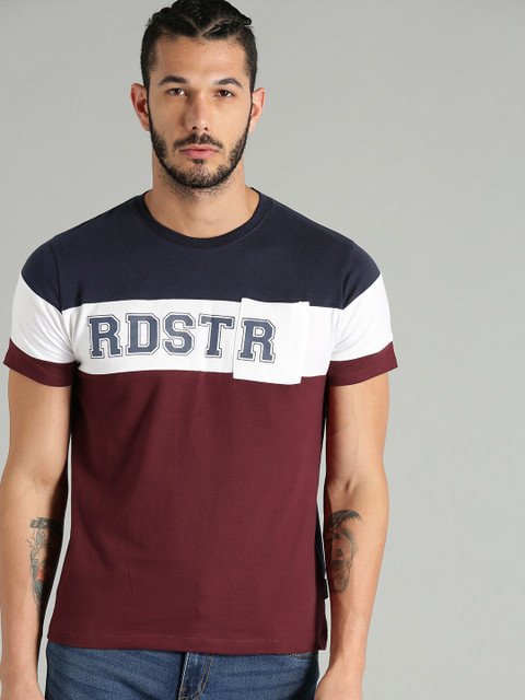 

The Roadster Lifestyle Co Men Burgundy Navy Blue Colourblocked Round Neck Pure Cotton T-shirt