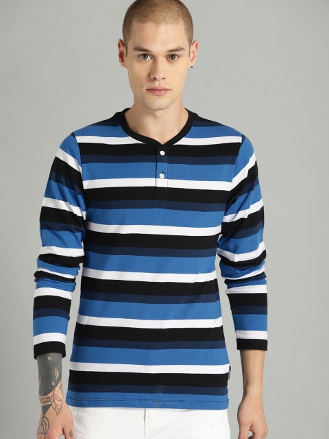 

The Roadster Lifestyle Co Men Blue Black Striped Henley Neck Pure Cotton T-shirt