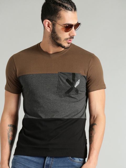

The Roadster Lifestyle Co Men Brown Charcoal Grey Colourblocked Round Neck Pure Cotton T-shirt