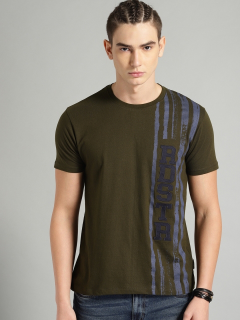 

Roadster Men Olive Green Embroidered Round Neck T-shirt