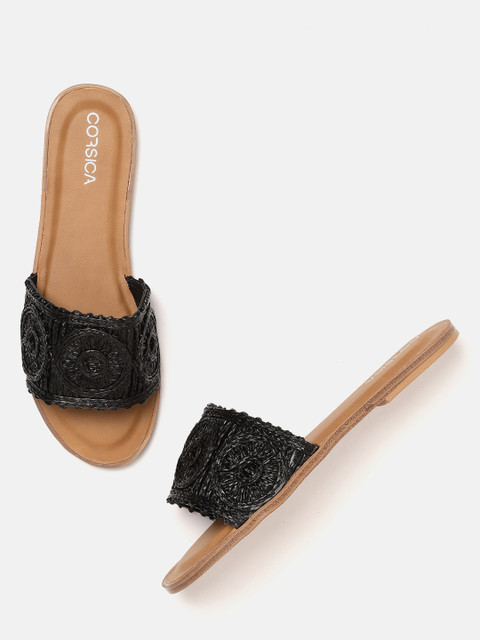 

CORSICA Women Black Woven Design Open Toe Flats