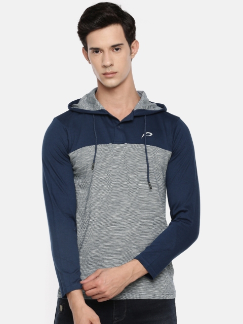 

Proline Active Men Navy Grey Colourblocked Hooded Pure Cotton T-shirt, Navy blue