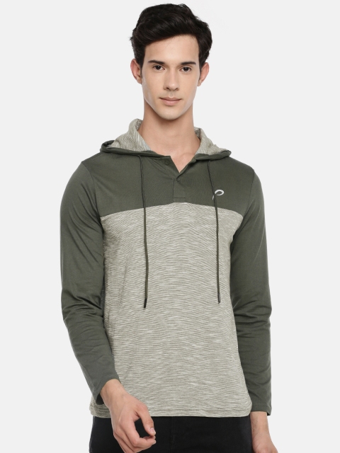 

Proline Active Men Olive Green Colourblocked Hood Pure Cotton T-shirt