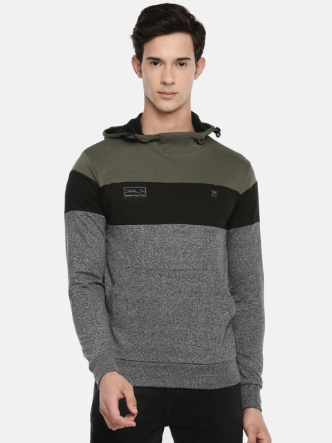 

Proline Active Men Charcoal Grey & Olive Green Colourblocked Hooded Sweatshirt