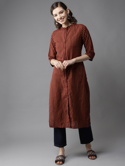 

HERE&NOW Women Maroon & Mustard Brown Striped Straight Kurta