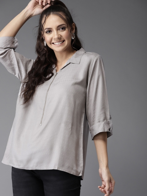 

HERE&NOW Women Grey Self Design Shirt Style Top