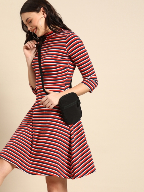 

DressBerry Women Orange & Navy Blue Candy Striped Fit and Flare Dress