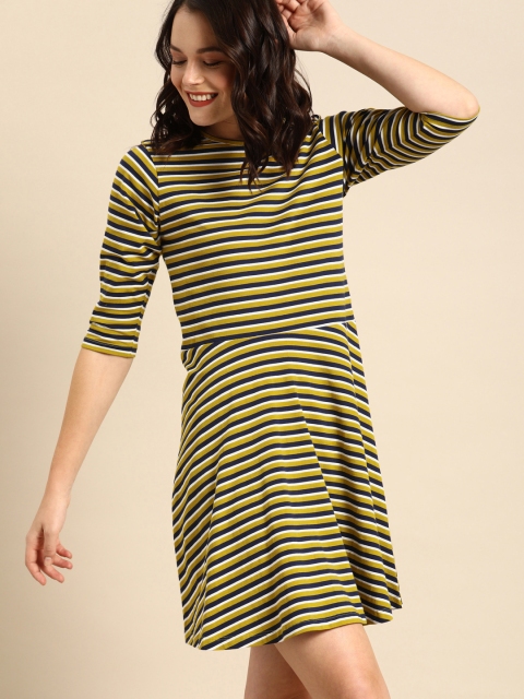 

DressBerry Women Lime Green & Navy Blue Striped Fit and Flare Dress