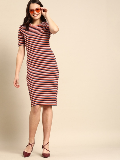 

DressBerry Women Rust Red & White Striped T-shirt Dress