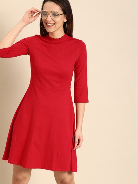 

DressBerry Women Red Solid Fit and Flare Dress