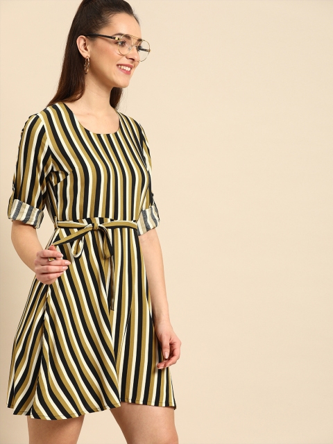 

DressBerry Women Mustard Yellow & Navy Blue Striped Fit and Flare Dress