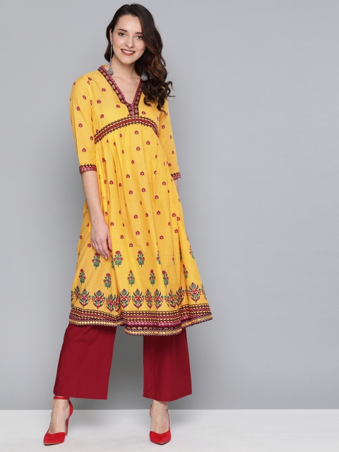 

HERE&NOW Women Yellow & Maroon Yoke Design Kurta with Palazzos