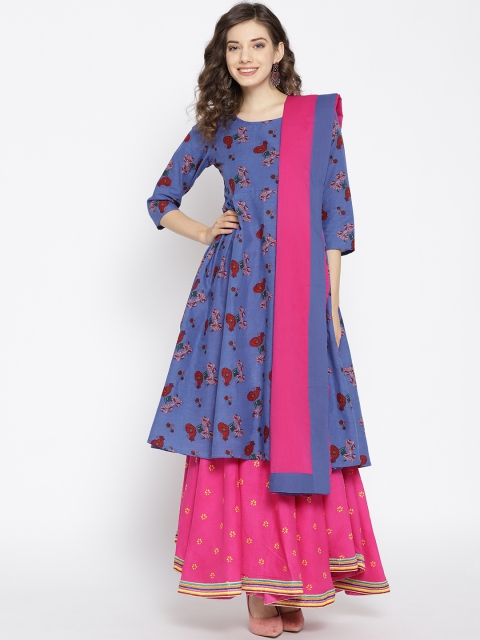 

HERE&NOW Women Blue & Pink Printed Kurta with Skirt & Dupatta