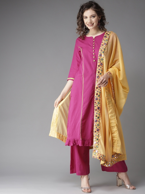 

HERE&NOW Women Pink & Yellow Solid Kurta with Palazzos & Dupatta