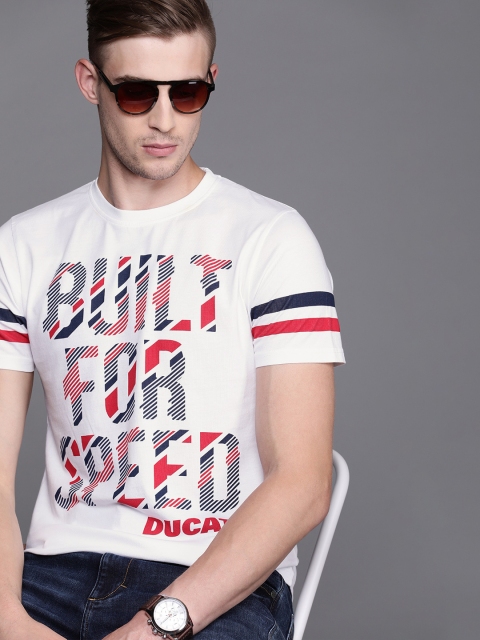 

Ducati Men White Red Printed Round Neck Pure Cotton T-shirt