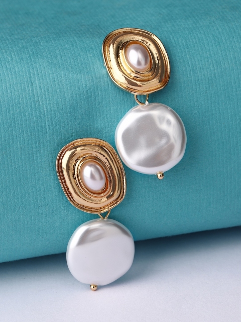 

Rubans Gold-Plated White Handcrafted Leaf Shaped Drop Earrings