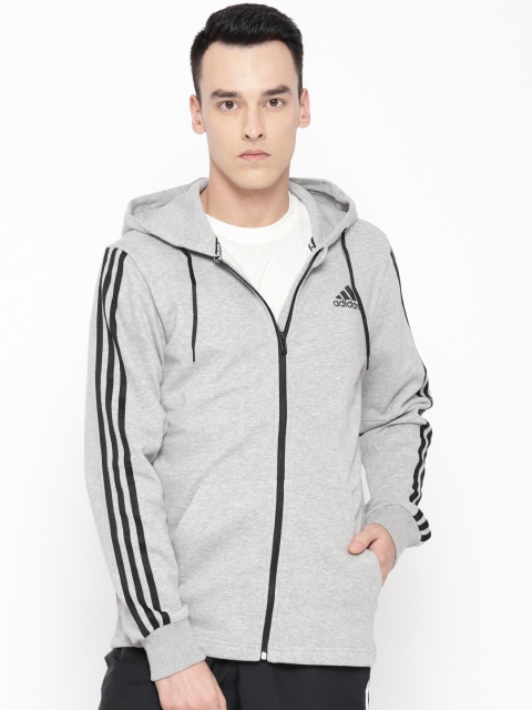 

ADIDAS Men Grey Melange MH 3-Stripes FZ FT Solid Hooded Sweatshirt