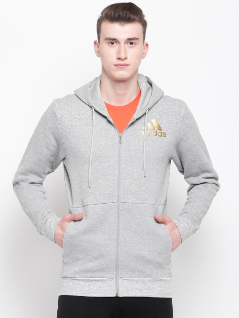 

ADIDAS Men Grey Melange Sport ID Full Zip Solid Hooded Sweatshirt