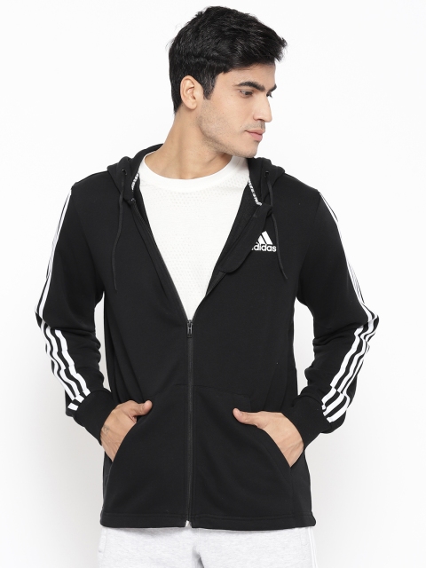 

ADIDAS Men Black Must Have 3 Stripes FZ FT Solid Hooded Jacket