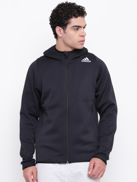 

ADIDAS Men Black Self Design Heat 3 Stripes Hooded Training Sweatshirt