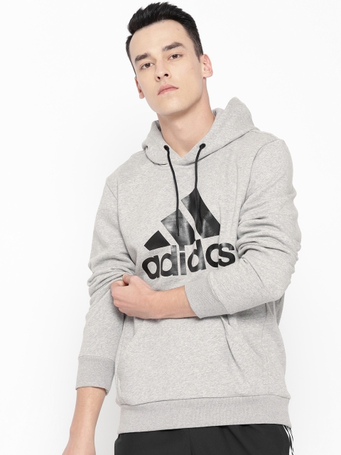 

ADIDAS Men Grey Melange & Black MH BOS PO FL Printed Hooded Sweatshirt