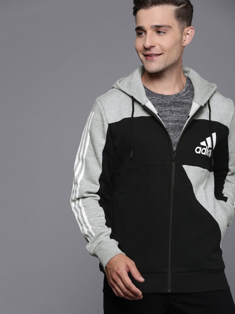 

ADIDAS Men Black & Grey Melange Colourblocked SID FZ Hooded Sweatshirt