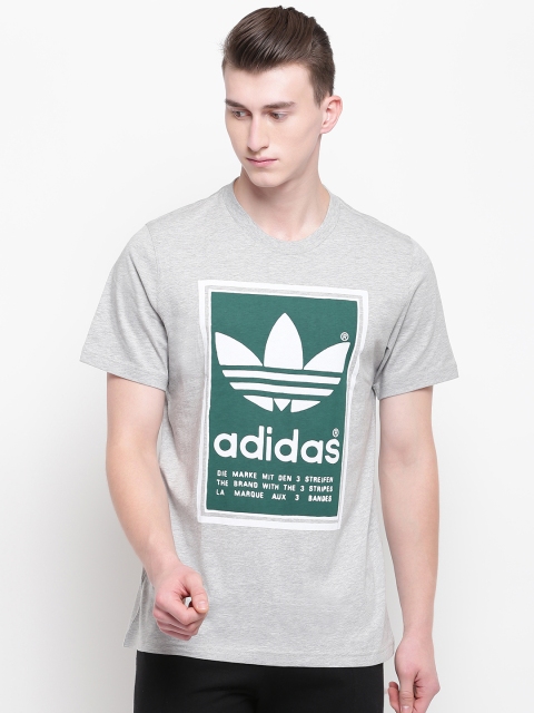 

ADIDAS Originals Men Grey Melange Green Filled Label Print Pure Cotton T-shirt