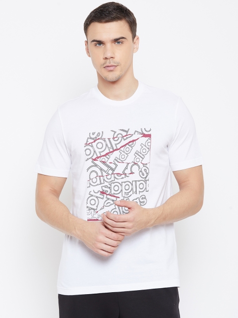 

ADIDAS Men White Black Big Graphic Print Training Pure Cotton T-shirt