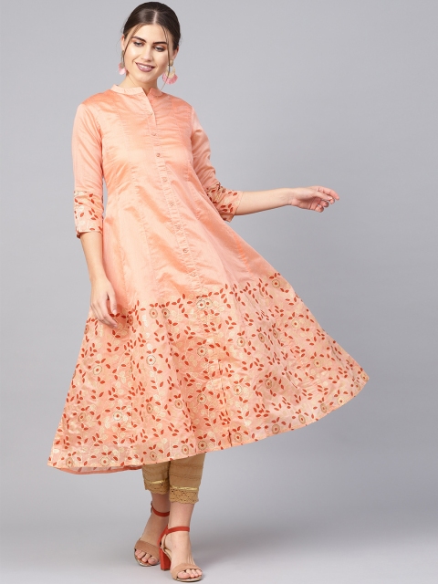 

Juniper Women Peach-Coloured & Rust Red Printed Anarkali Layered Kurta
